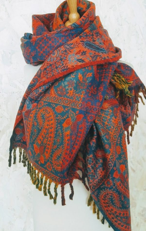 sjaal india oranjerood blauw